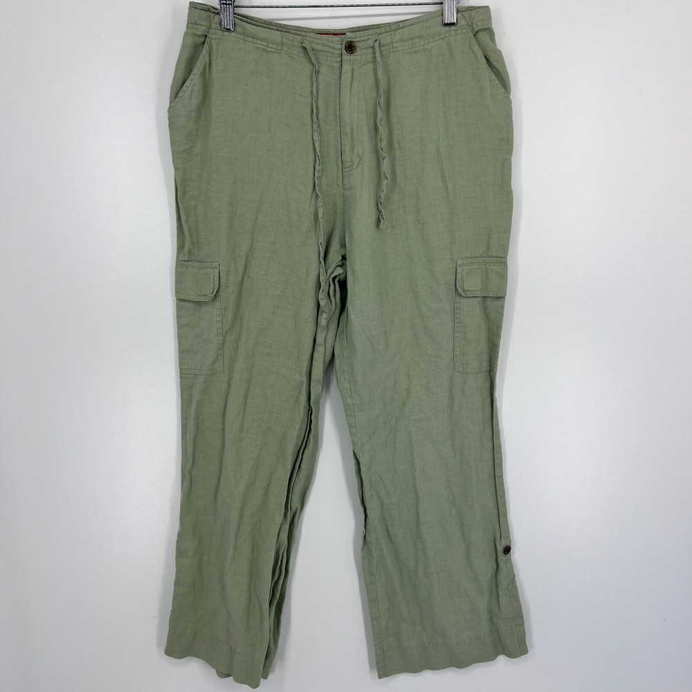 Caribbean Joe Womens 12 Sage Green 100% Linen Cargo Pants Drawstring Relaxed Fit